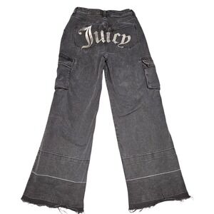 Juicy Couture Womens Sz 29 Cargo Jeans Wide Leg Raw Hem Faded Black Spellout Y2K